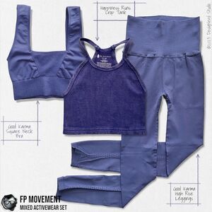 FP MOVEMENT SET GOOD KARMA SQUARE NECK BRA + LEGGINGS + HR CROP TANK VIOLET BLUE